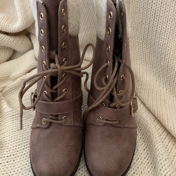 Lace Up Faux Leather & Sheep Fur Booties - Picture 2 of 4